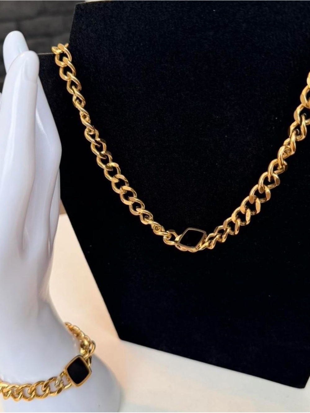 Gold-Tone Chain Necklace with Black Square Accent - Women Jewelry - Picture 2 of 3